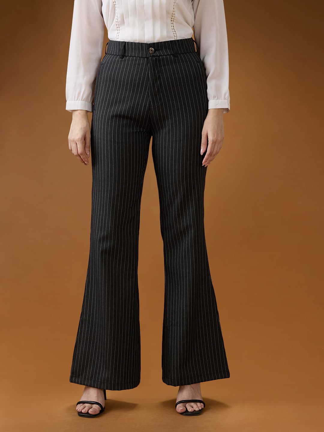 Women's Black Formal Striped Bootcut Fit Mid Rise Trouser