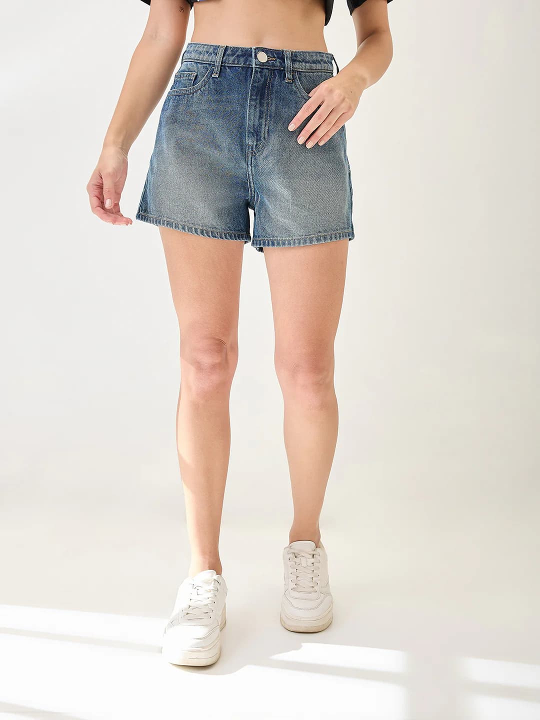 Women's Blue Casual Solid Slim Fit Mid Rise Mini Shorts