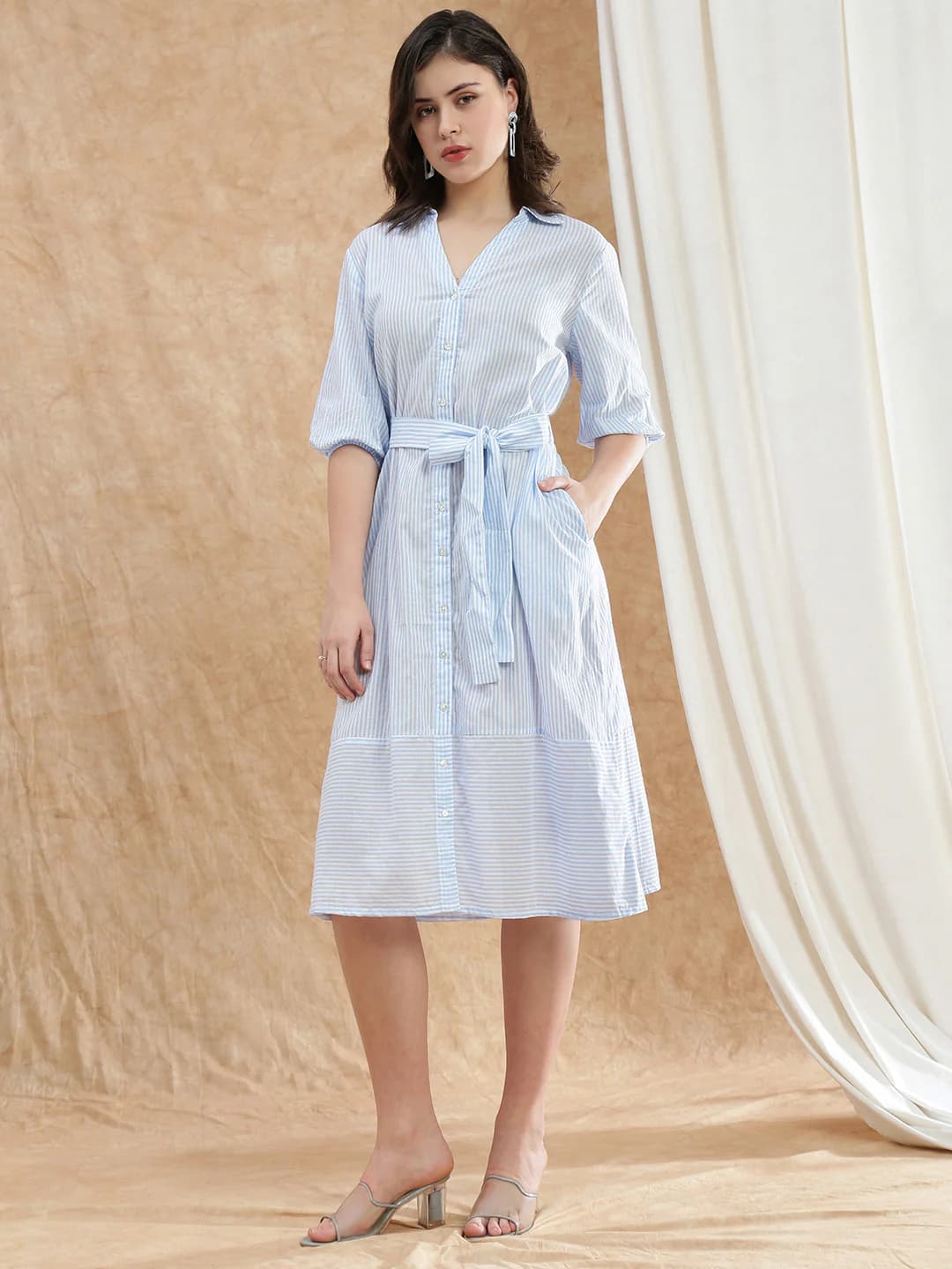 Women's Blue Formal Striped Fit & Flared Dress