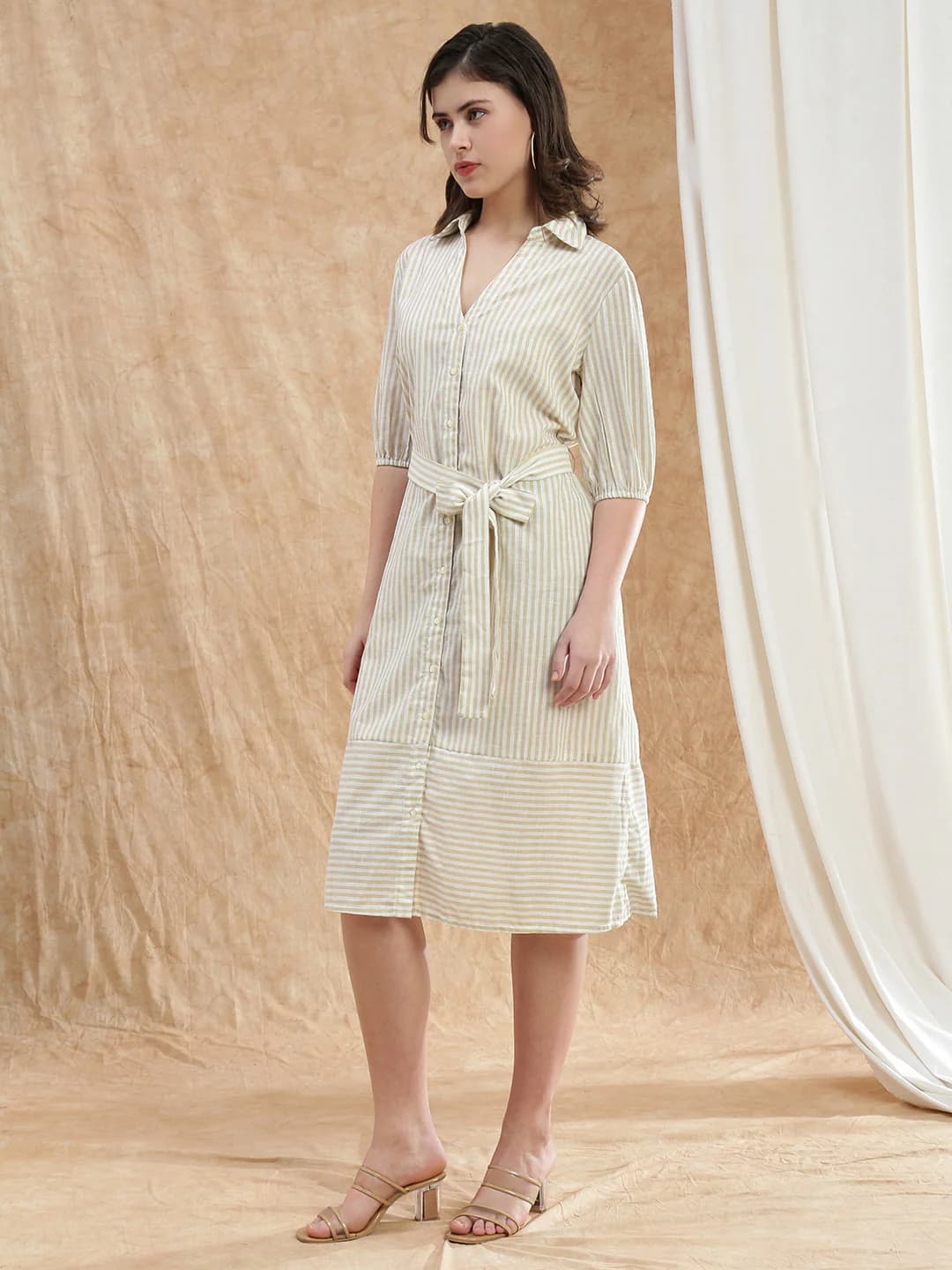 Women's Green Formal Striped Fit & Flared Dress