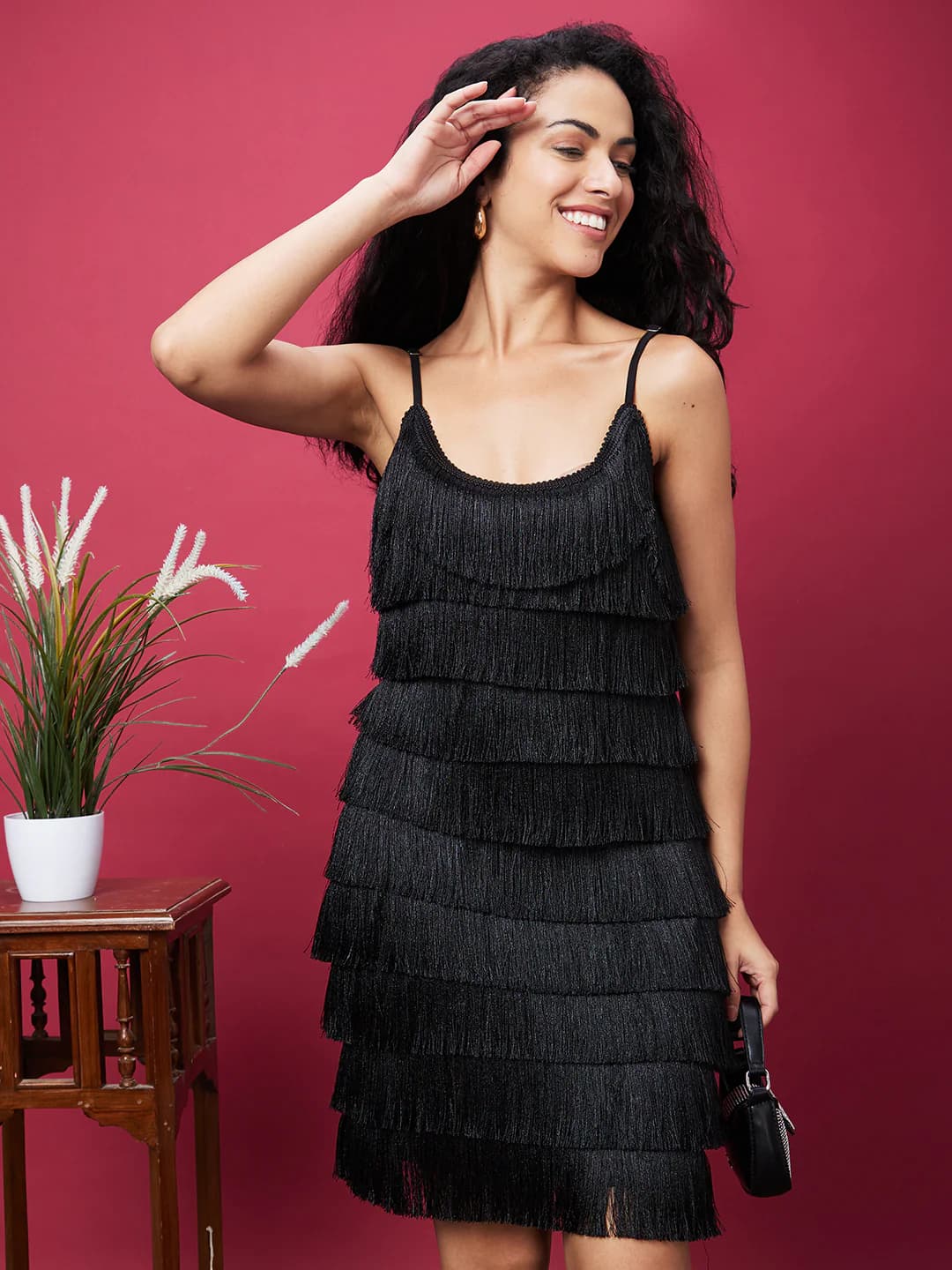Women's Black Party Self-Design Scoop Neck Bodycon Dress