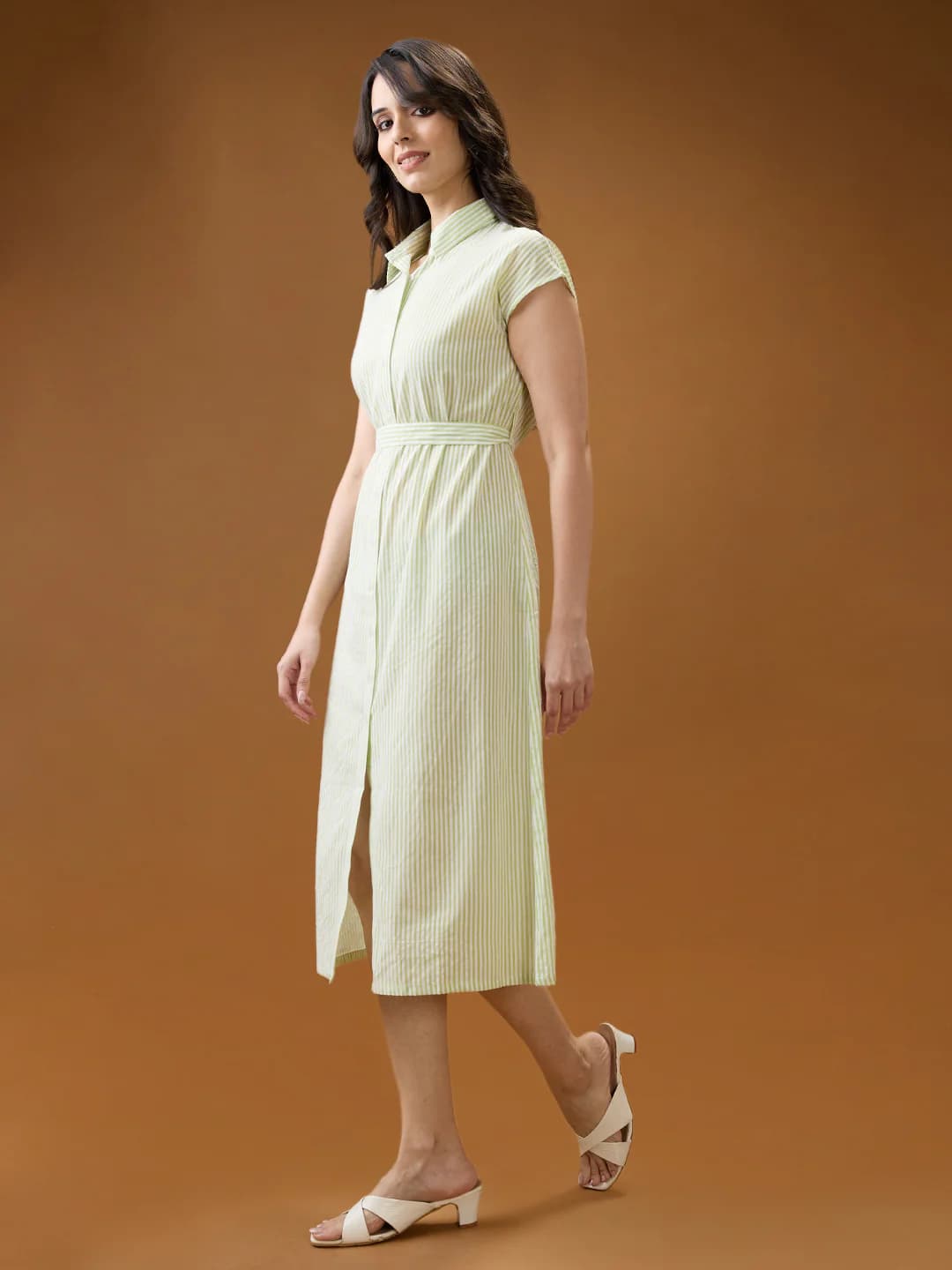 Women's Green Formal Striped Fit & Flared Dress