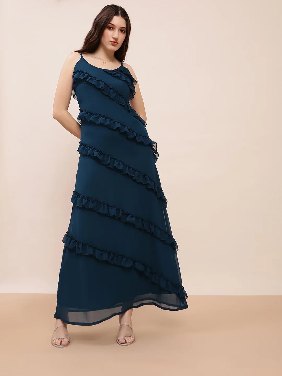 Women's Blue Party Solid Scoop Neck A-Line Dress