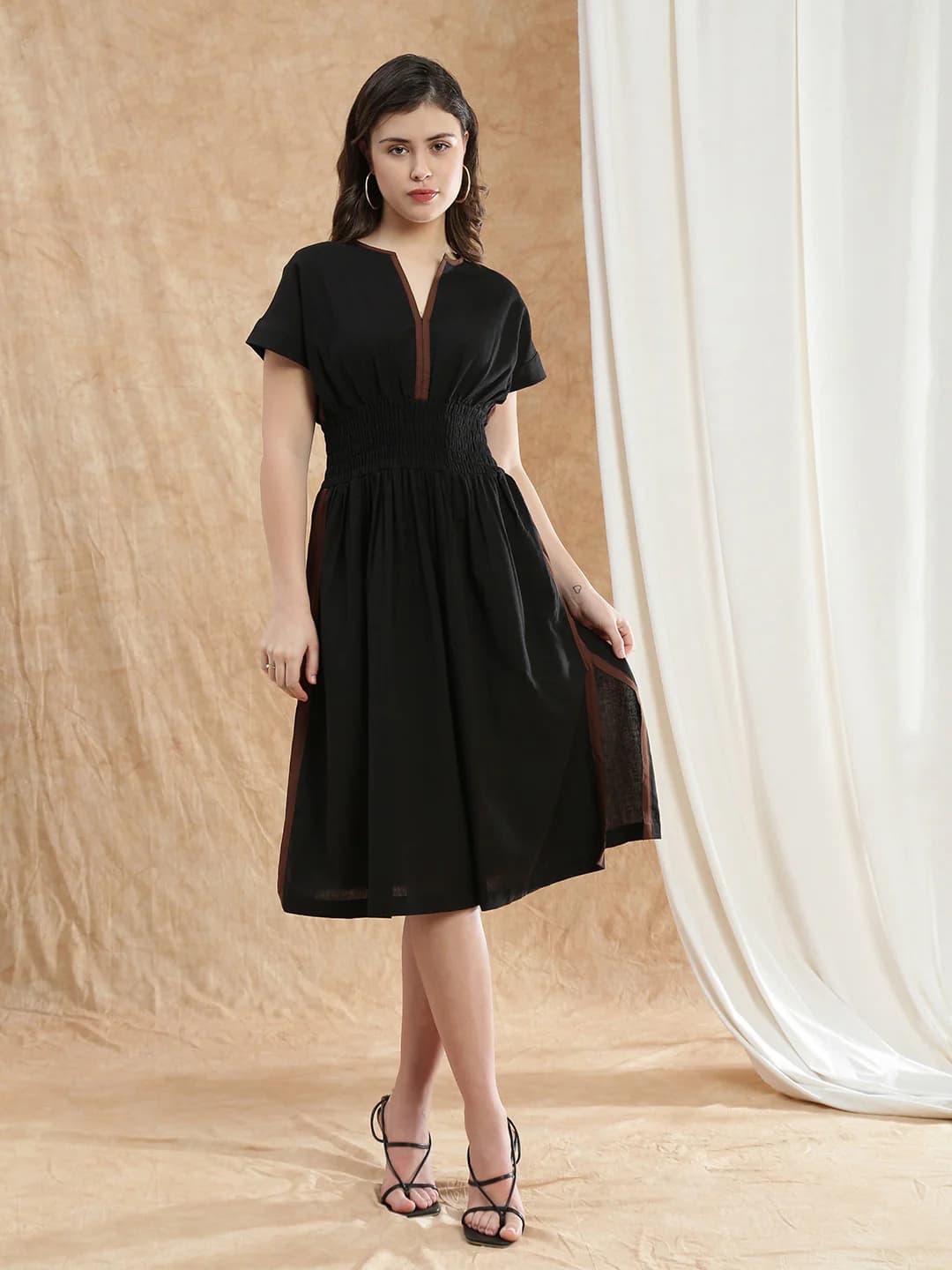 Women's Black Casual Solid Split Neck Fit & Flared Dress