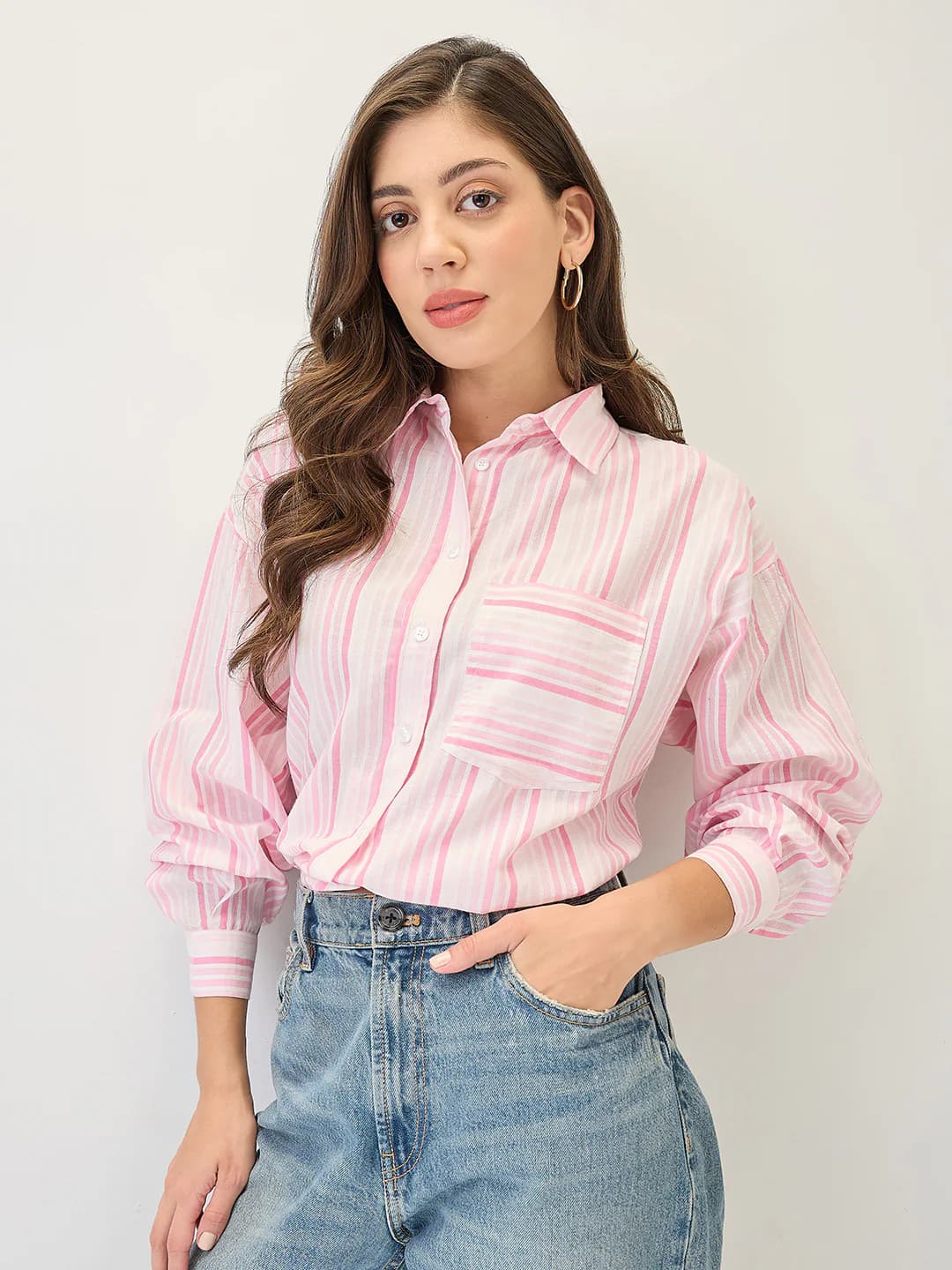 Women's Pink Formal Striped Regular Fit Shirt