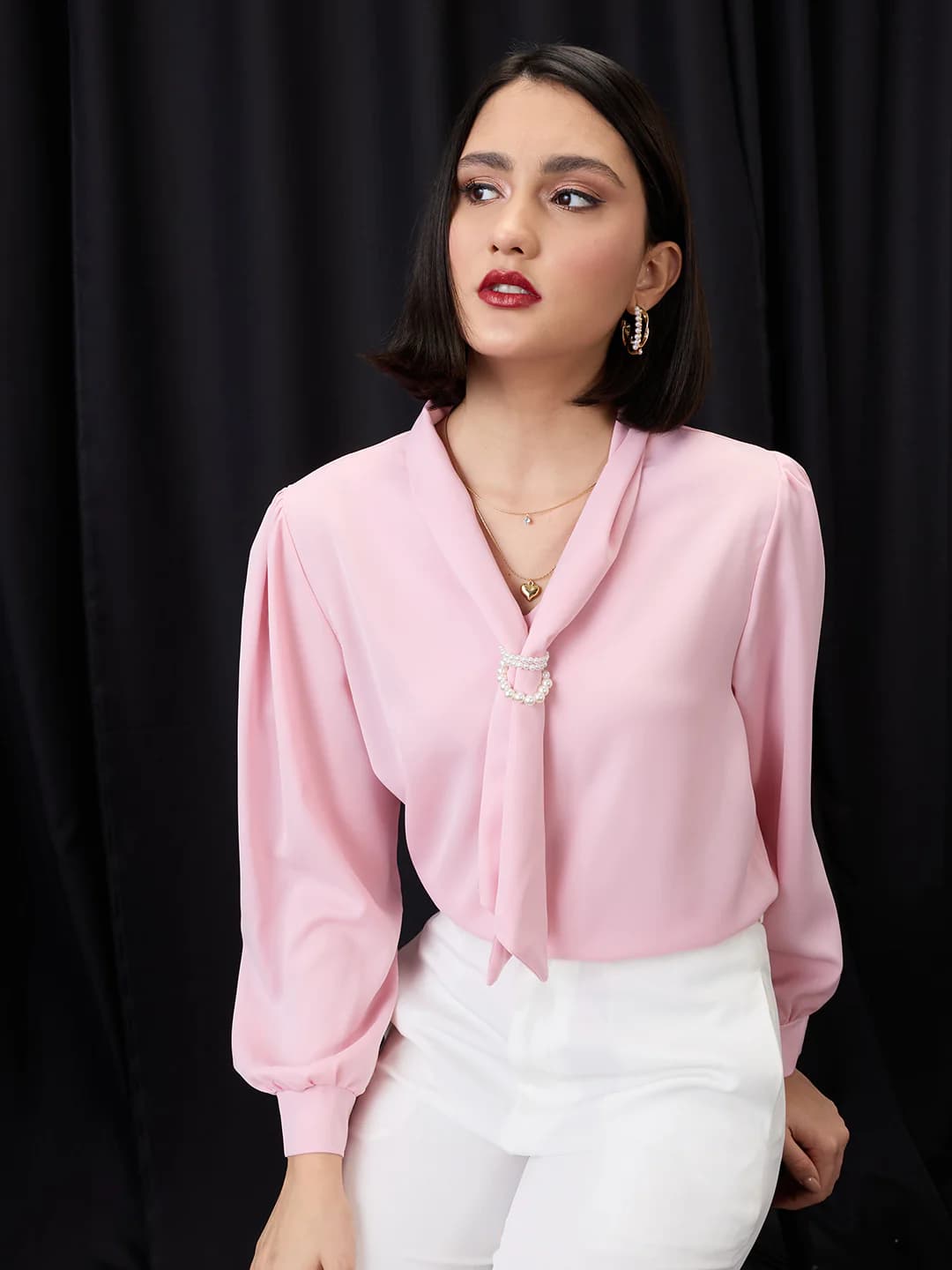 Women's Pink Formal Solid Regular Fit Tie-Up Neck Top