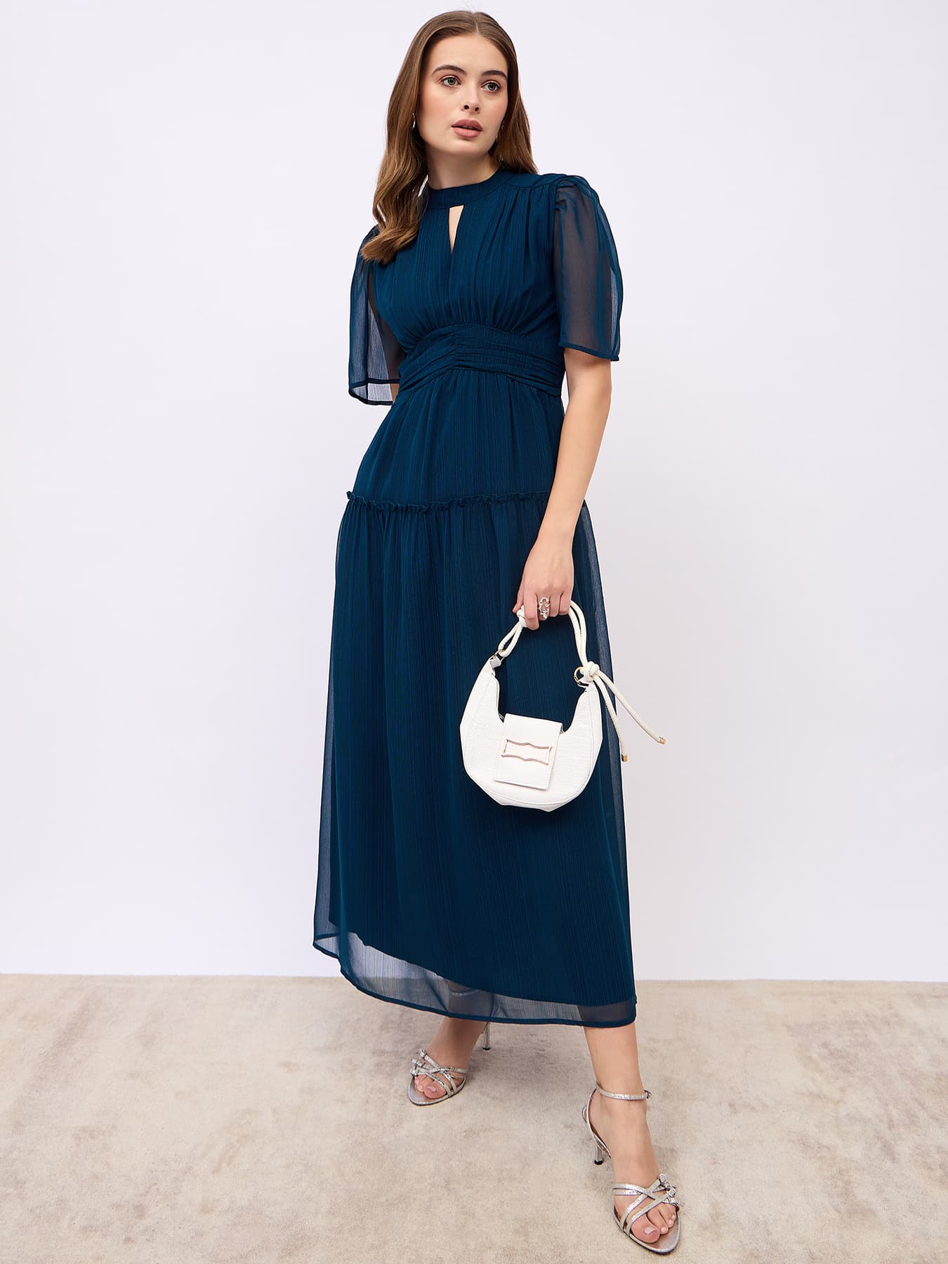 Women's Blue Casual Solid Keyhole Neck A-Line Dress