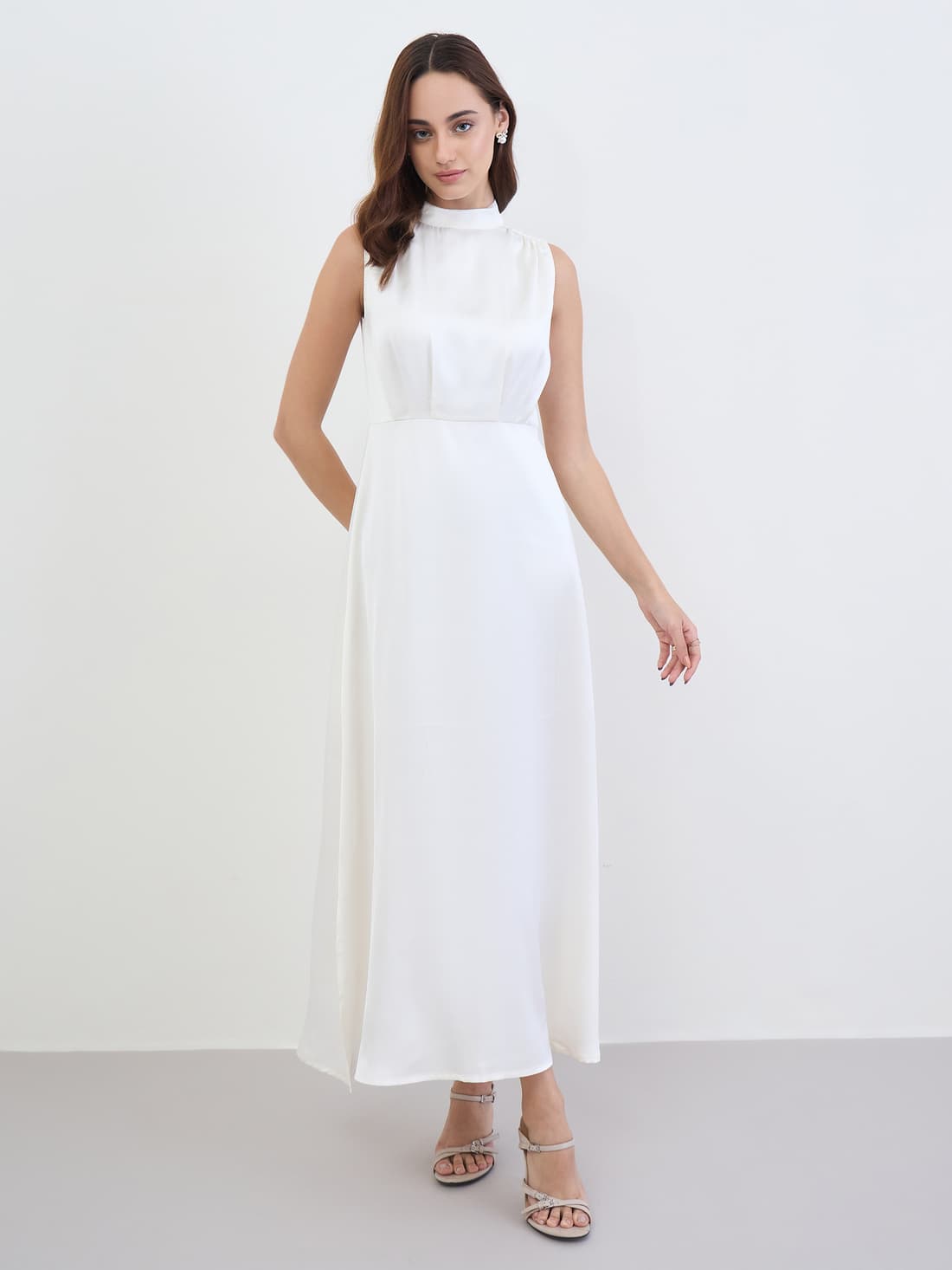 Women's White Casual Solid High Neck A-Line Dress