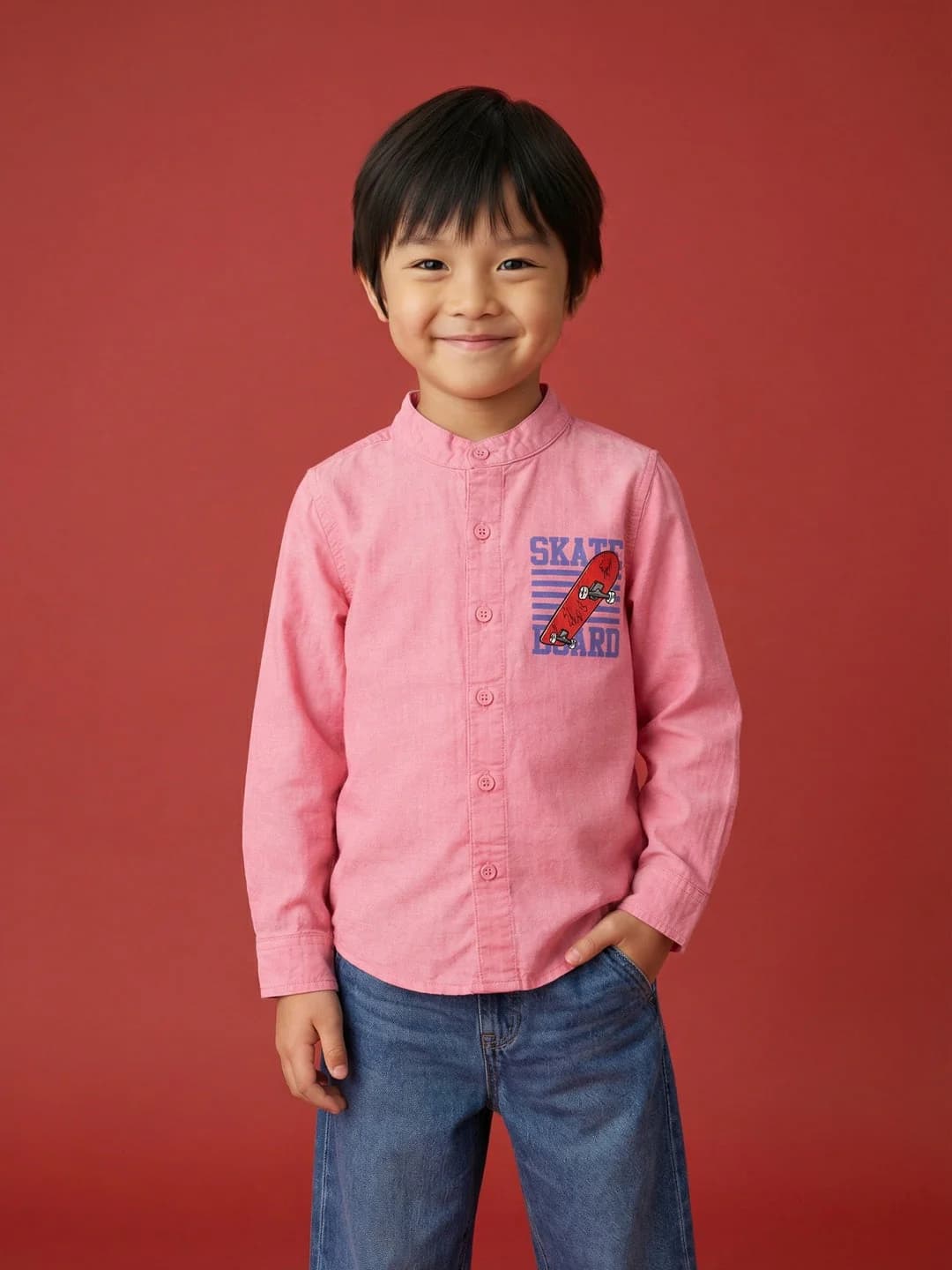 Boys Pink Cotton Linen Blend Skateboard Placement Print Formal Party Shirt