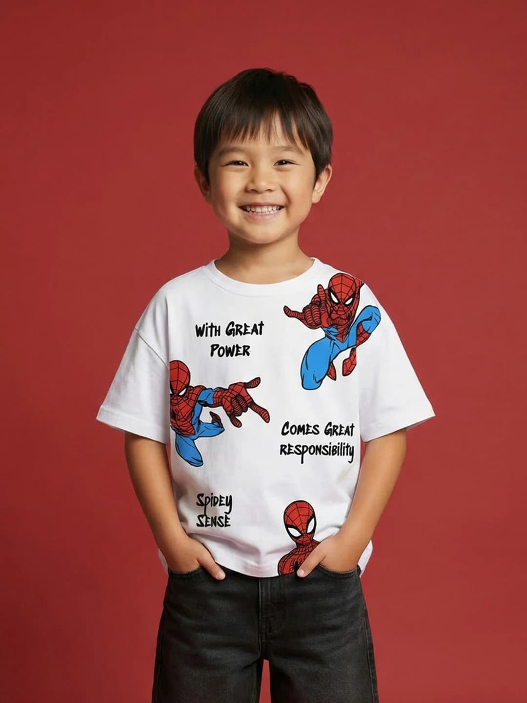 Boys White Cotton Disney Spiderman Graphic Oversized Round Neck Tshirt