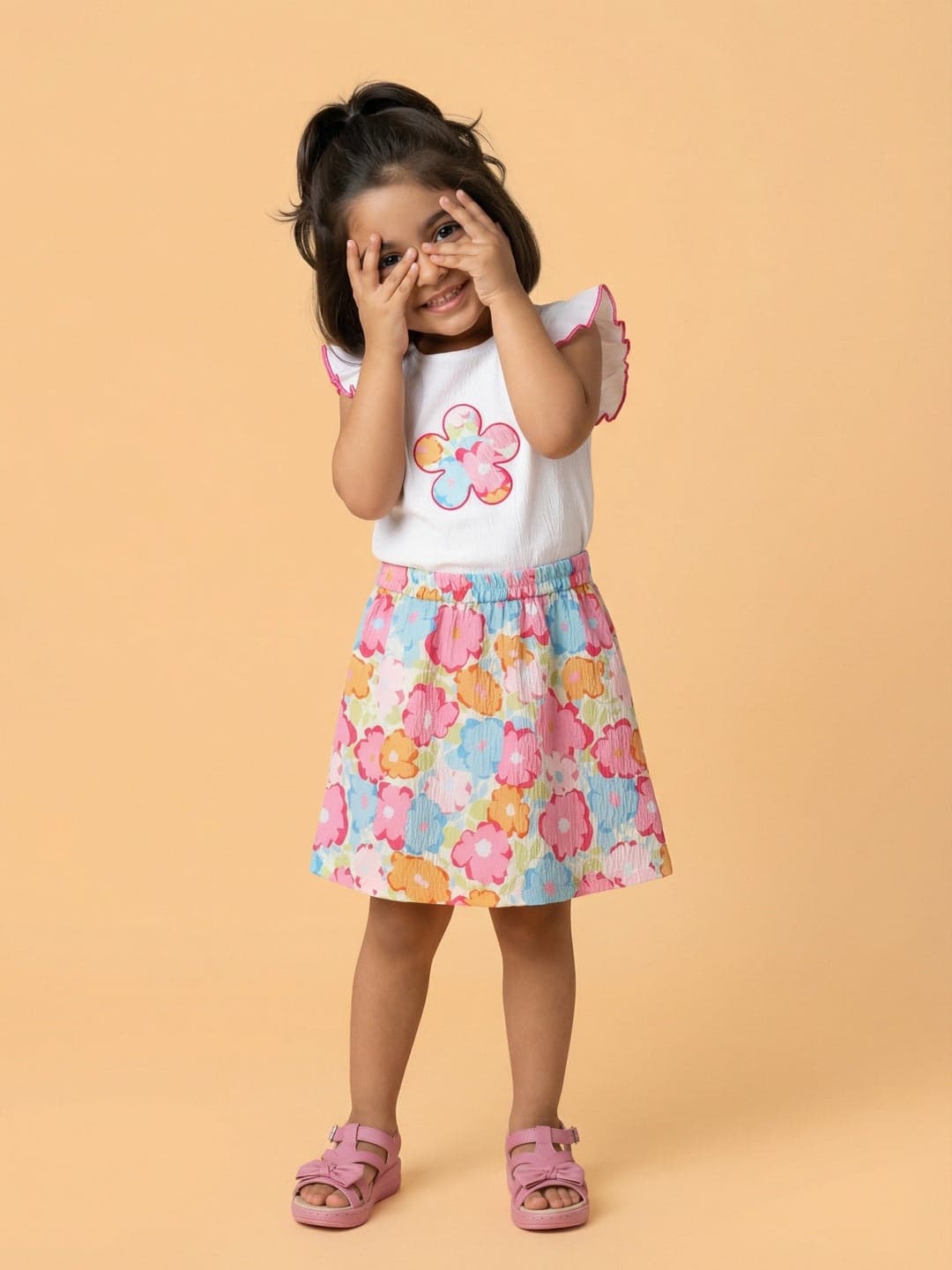 Girls White Cap Sleeve Top with Flower Applique and Printed Skirt Clothing Set