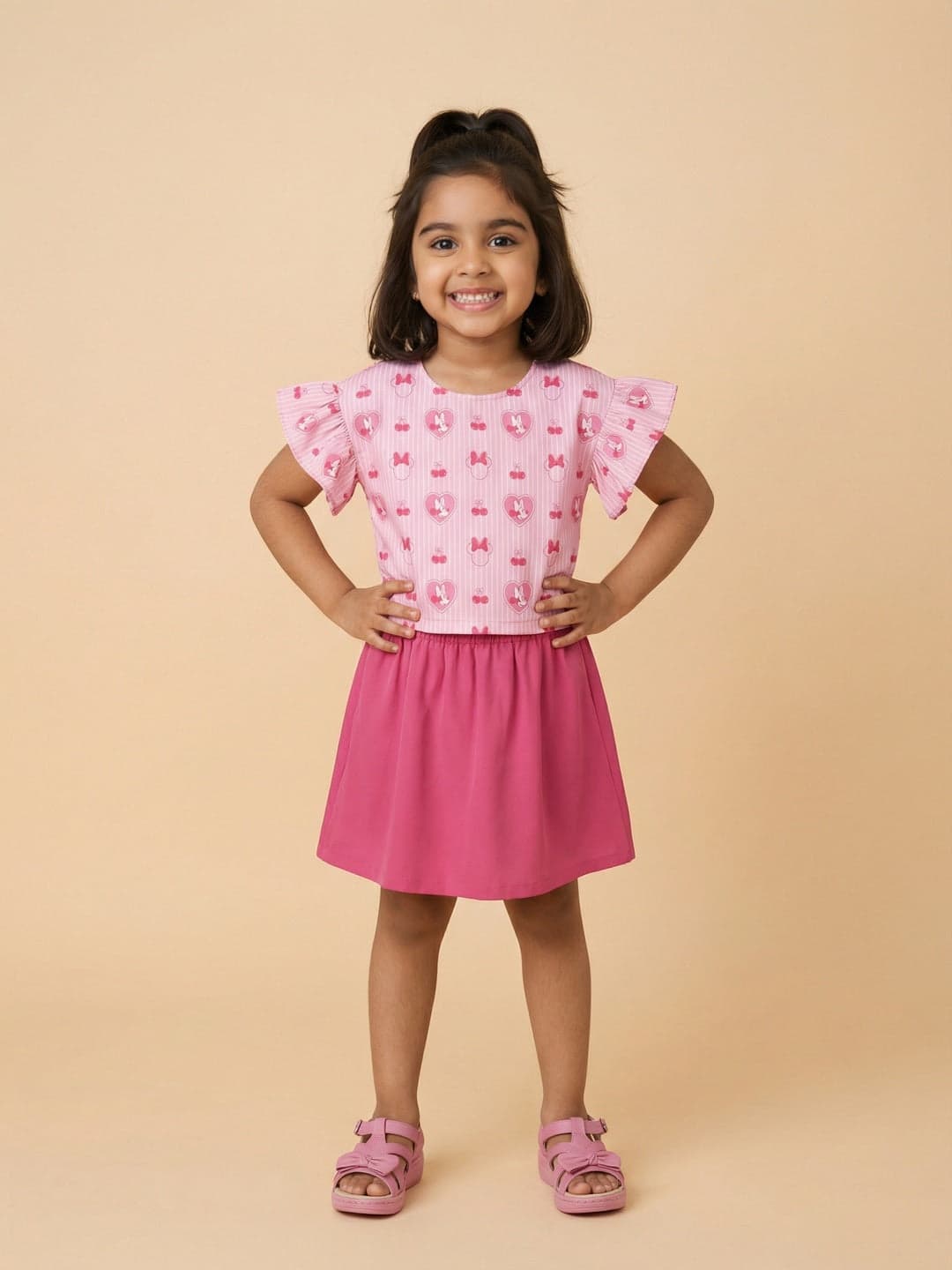 Girls Pink Minnie Mouse Printed Regular Fit Round Neck Tshirt and Skirt Clothing Set