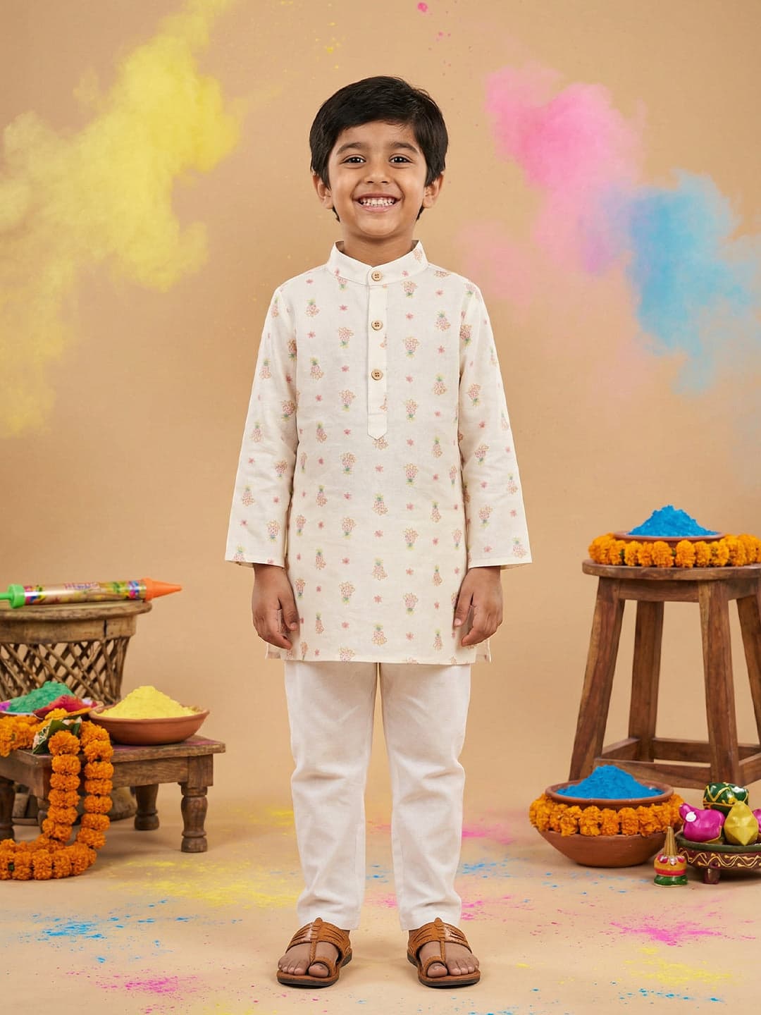 Boys White Cotton Festive Resort Style Pastel Tropical Print Kurta and Pyjama Set