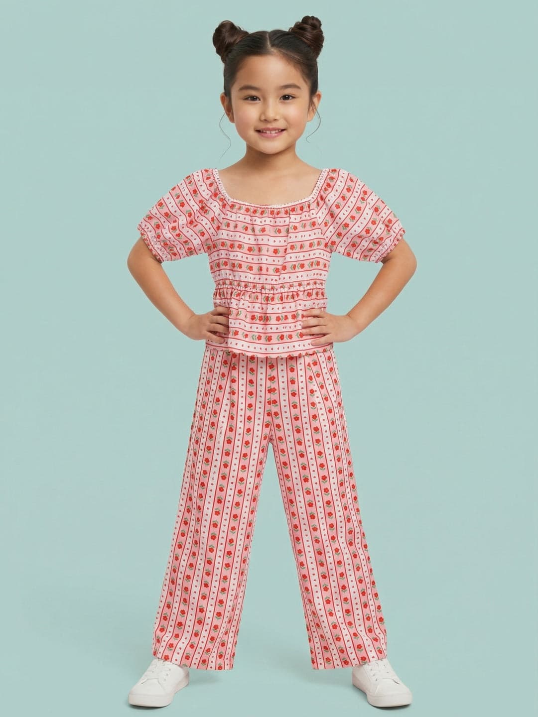 Girls Red Valentine's Edition Floral Striped Peplum Top with Wide Leg Bottoms Co-ord Set