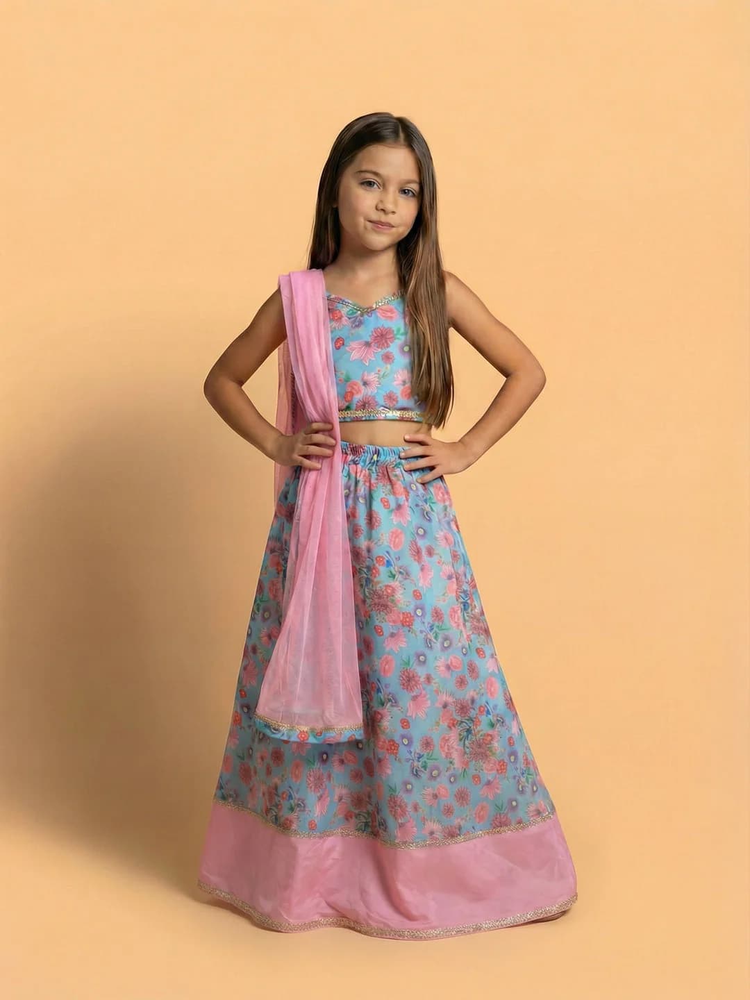 Girls Blue Cotton Blend Woven Festive Floral Print Lehenga and Choli Set