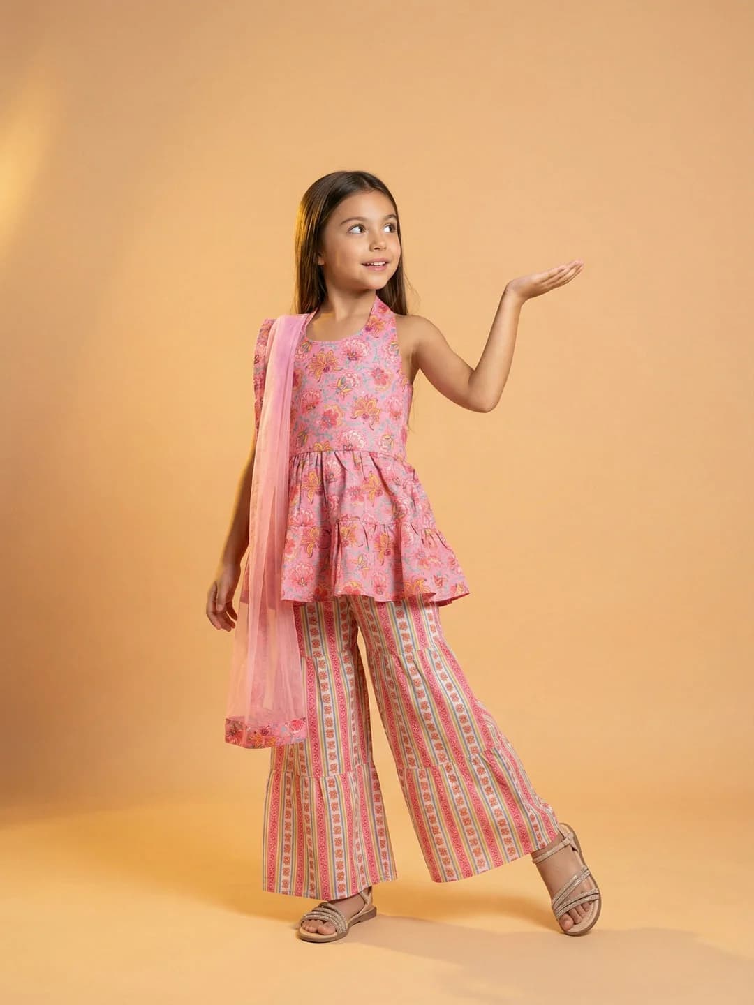 Girls Pink Cotton Blend Woven Festive Chintz Floral Halter-Neck Kurti with Striped Palazzos