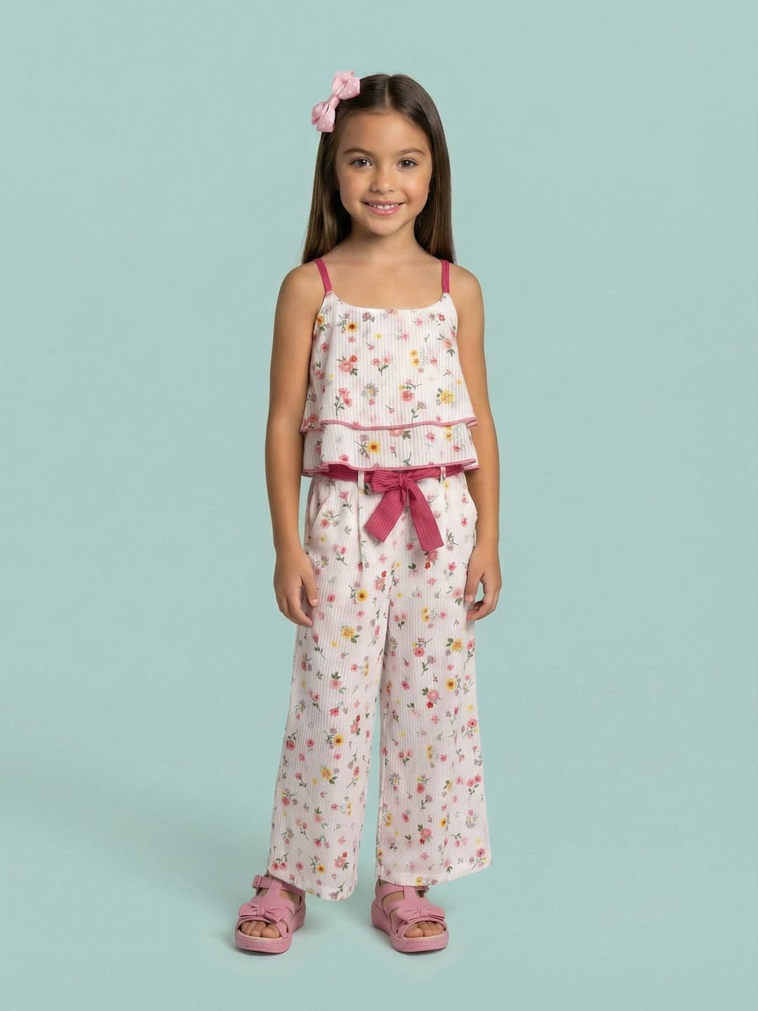 Girls White Cotton Floral Printed Crop Top with Wide Leg Bottom Co-Ord Set