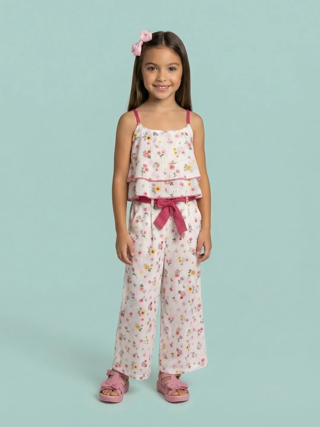 Girls White Cotton Floral Printed Crop Top with Wide Leg Bottom Co-Ord Set