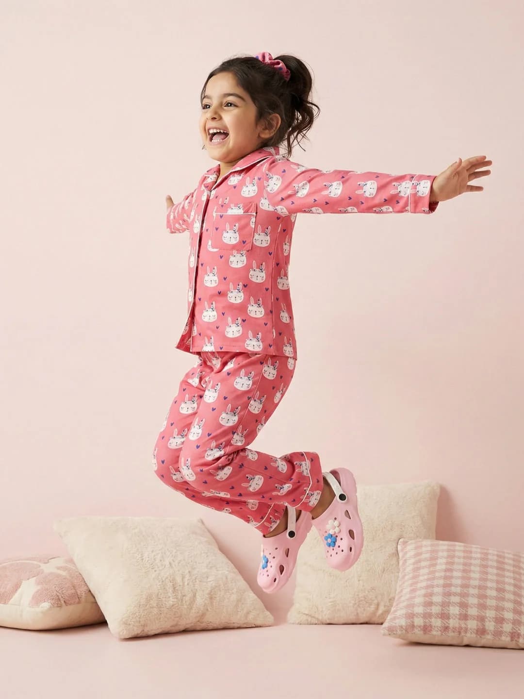 Girls Pink Rayon Bunny All-Over Print Woven Night Suit with Full-Sleeve Tshirt and Full Bottom