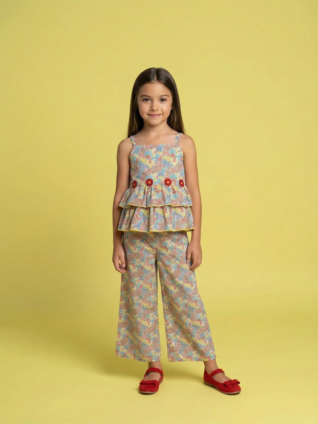 Girls Multicolor Tropical Floral Print Strappy Peplum Top with Wide Legged Trouser Set