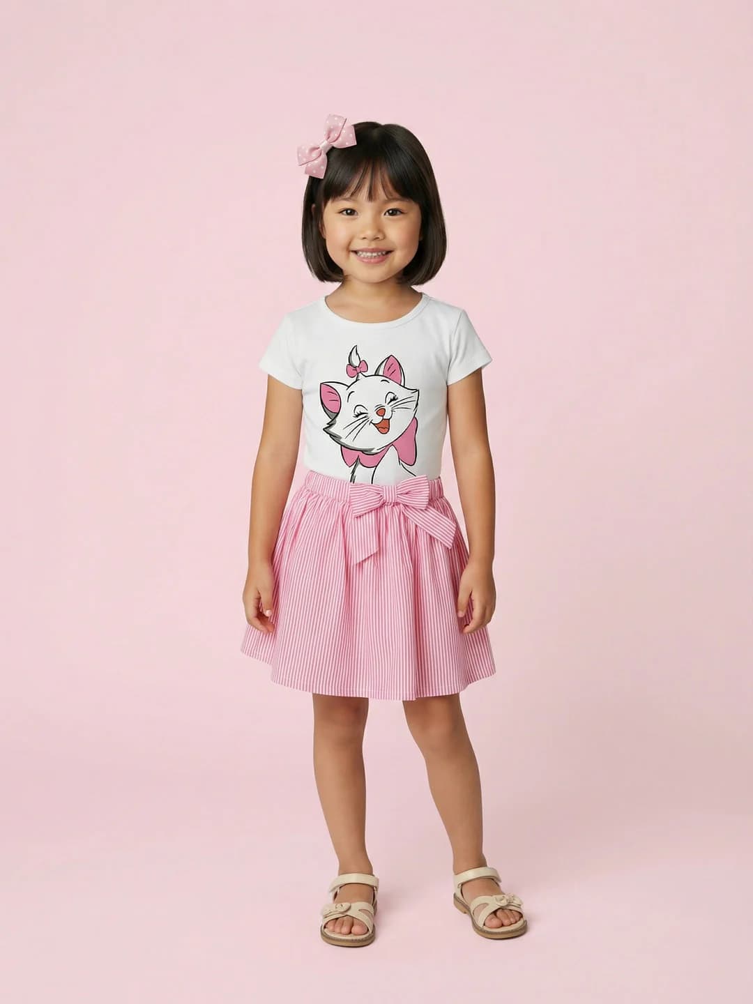 Girls Multicolor Marie Cat Printed Regular Fit Round Neck Tshirt and Skirt Co-ord Set