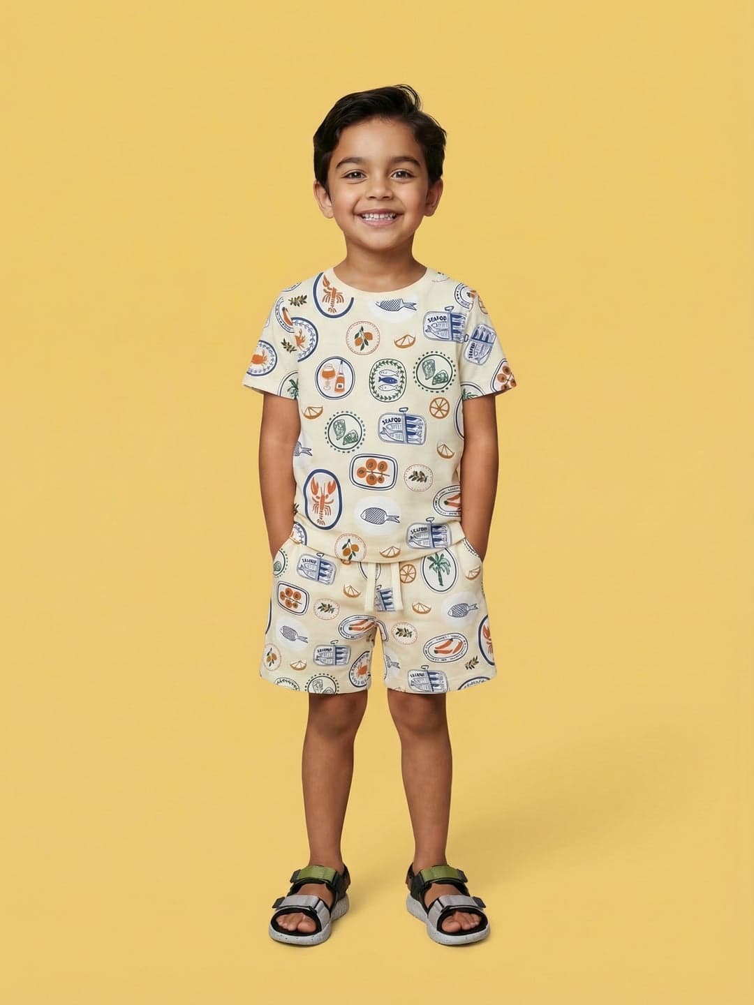 Boys White Cotton All Over Print Half-Sleeve Summer Tshirt and Shorts Set