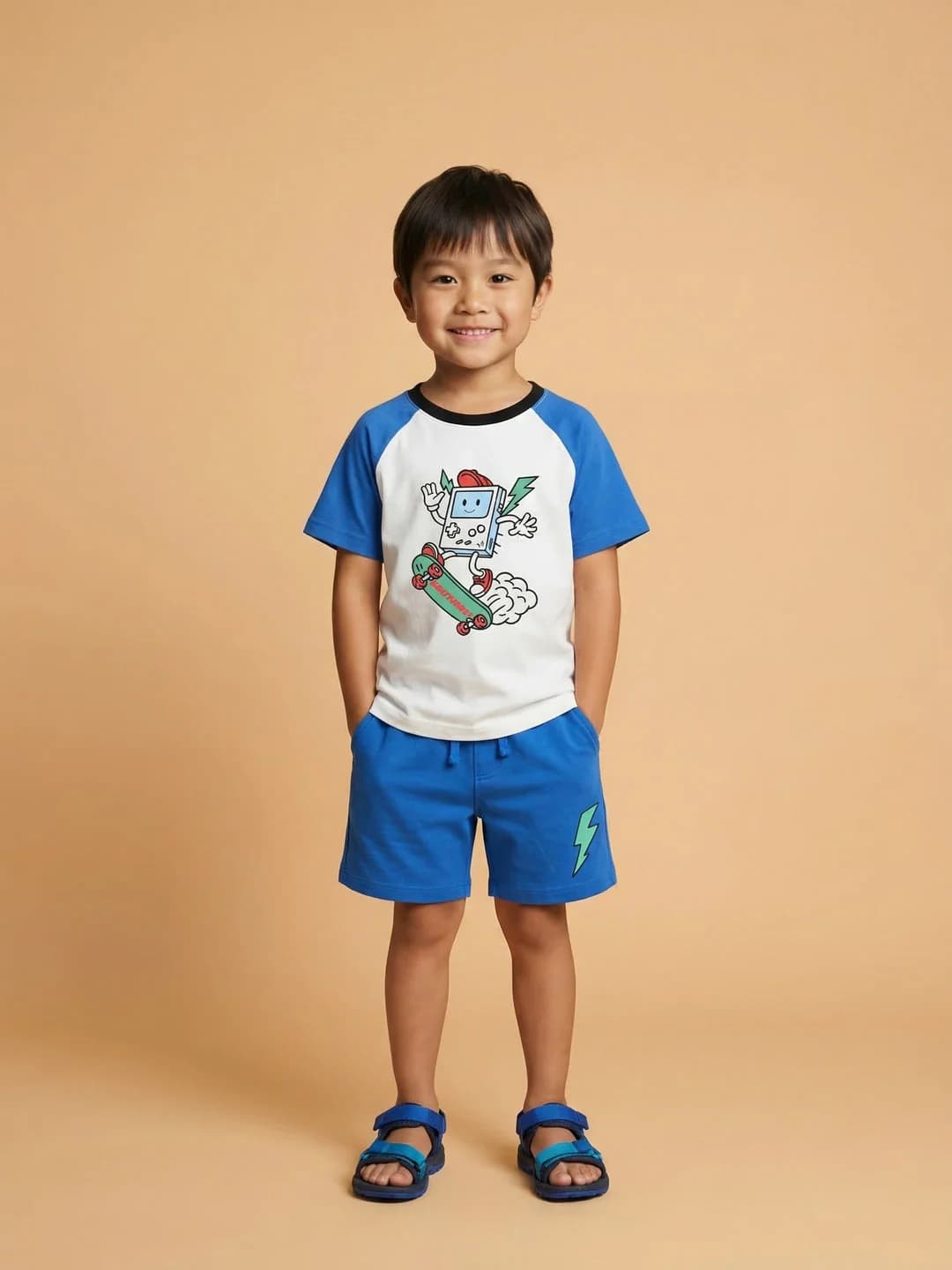Boys Multicolor Oversized Cotton Gamer Print Raglan Sleeve Tshirt and Shorts Set