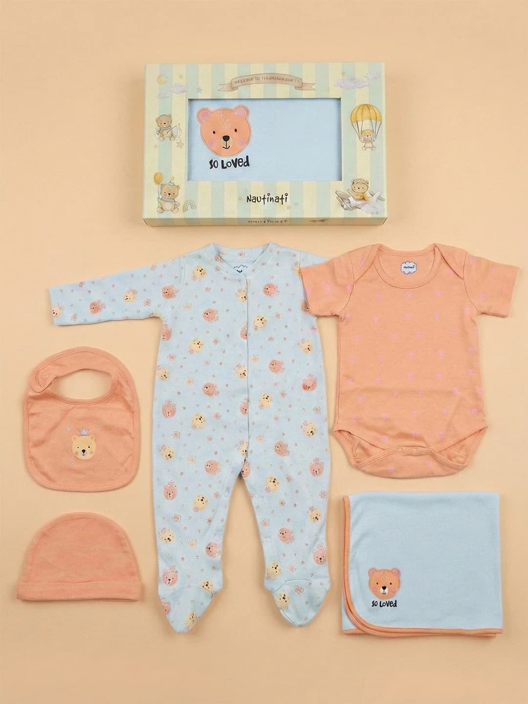 Baby Boys Multicolor Cotton All-Over and Placement Teddy Print 5-Pieces Gift Set