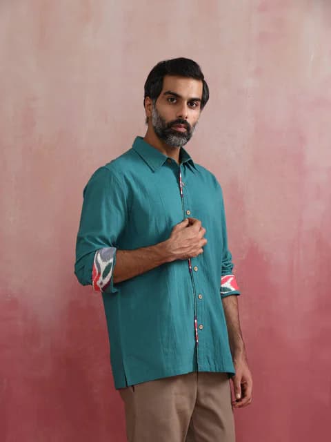 Men's Teal Blue Casual Solid Regular Fit Full Sleeves Cotton Shirt