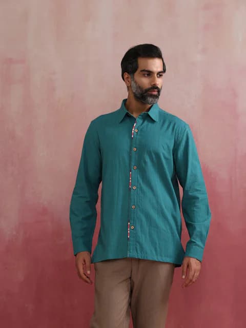 Men's Teal Blue Casual Solid Regular Fit Full Sleeves Cotton Shirt