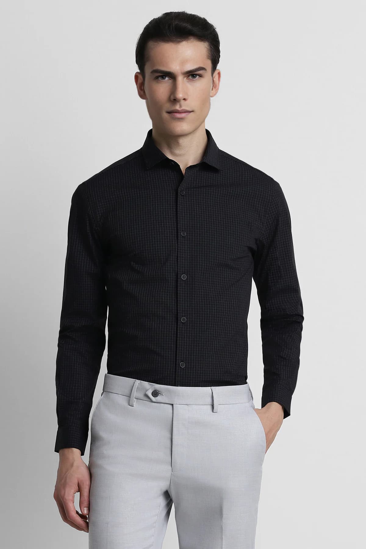 Men's Black Formal Slim Fit Checked Full Sleeves Cotton Shirt