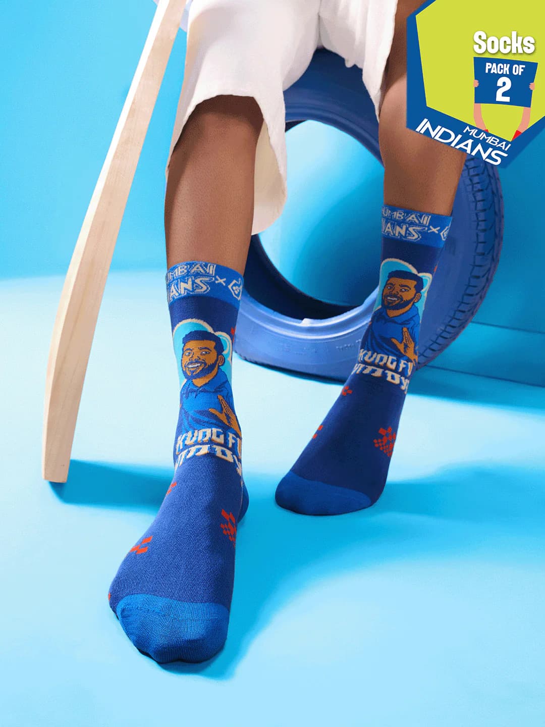 Hexafun x Mumbai Indians Champions Unisex Multicolor Crew Length Socks - Pack of 2