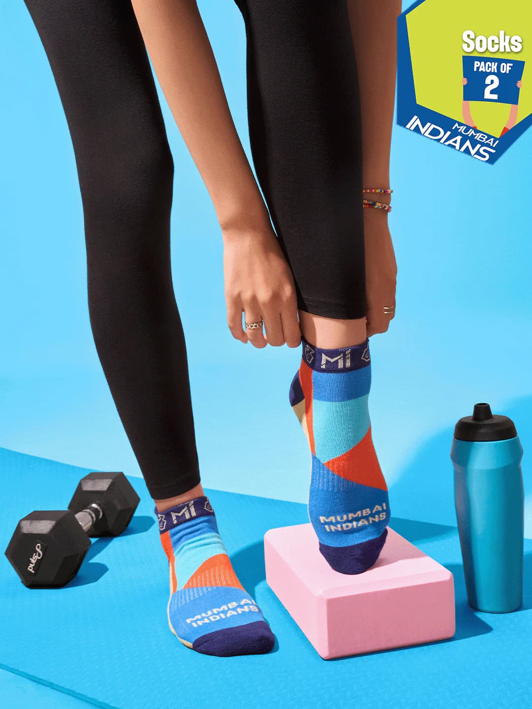 Hexafun x Mumbai Indians Hustle Buddy Unisex Multicolor Sports Socks - Pack of 2