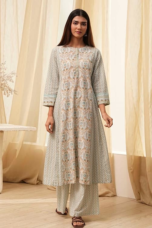 Women's Blue Pure Cotton A-Line Kurta Set