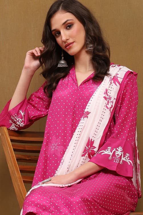 Women's Pink Modal Bandhani Printed A-Line Kurta Set