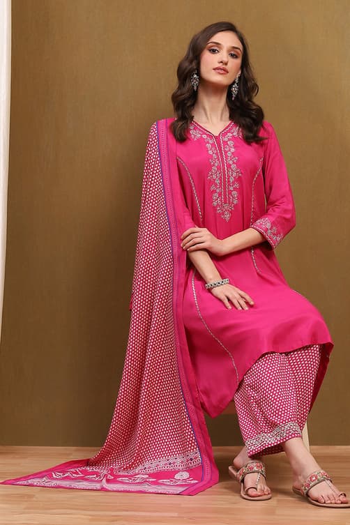 Women's Pink Modal Embroidered Festive Kalidar Kurta Set