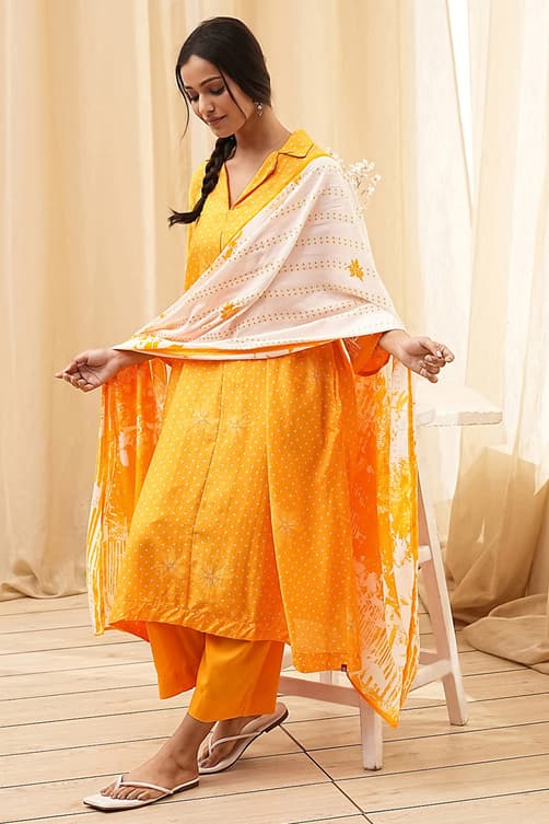 Women's Yellow Bandhani Printed A-Line Kurta Set