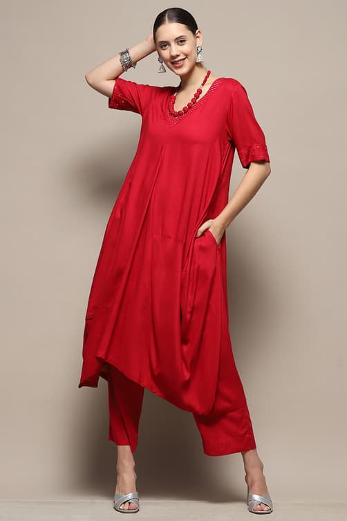 Women's Red Asymmetric Solid Kurta Set