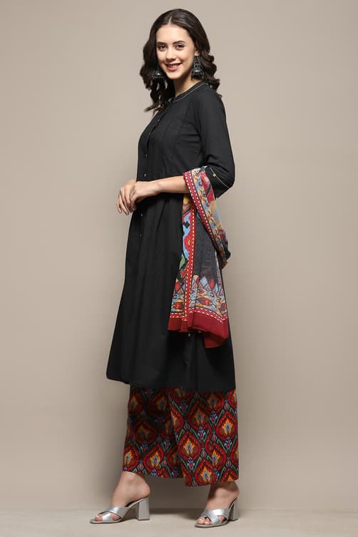 Women's Black Cotton Pleated Kalidar Kurta Set