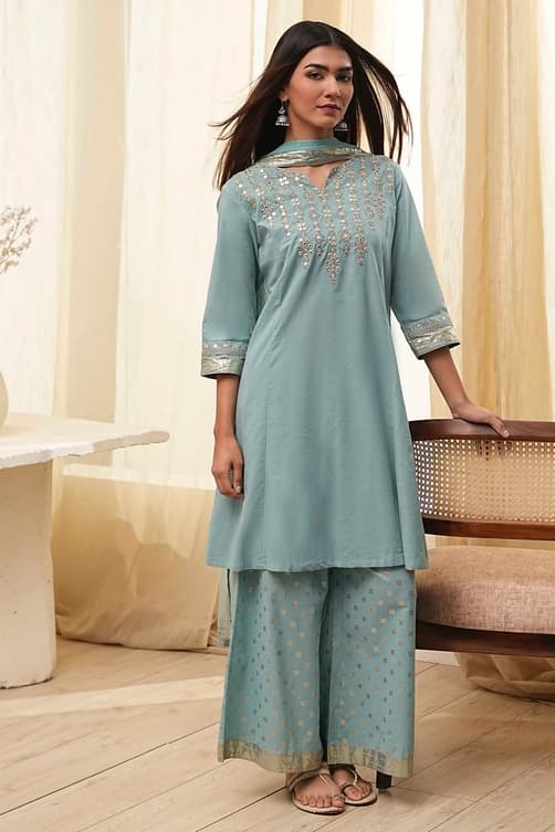 Women's Dull Blue Cotton Embroidered Kalidar Kurta Set