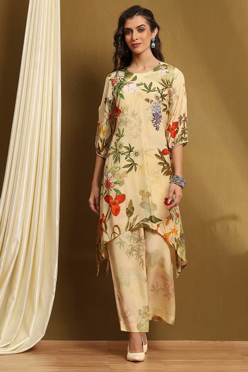 Women's Yellow Modal Floral Printed Asymmetric Kurta Set