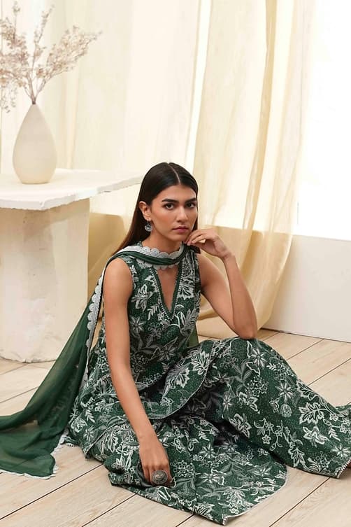 Women's Green Cotton Floral Peplum Kurta Set