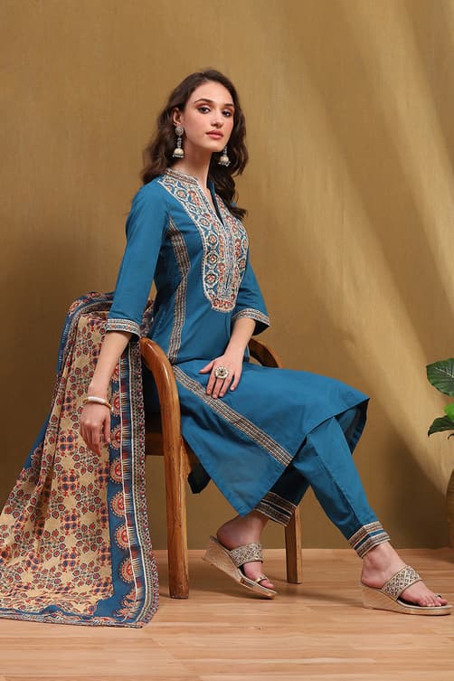 Women's Green Cotton Floral Printed Straight Kurta Set