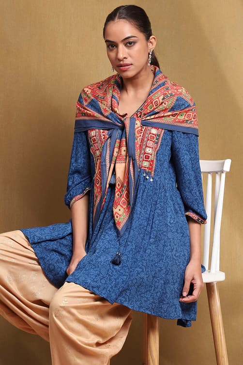 Women's Blue and Beige Embroidered Peplum Kurta Set
