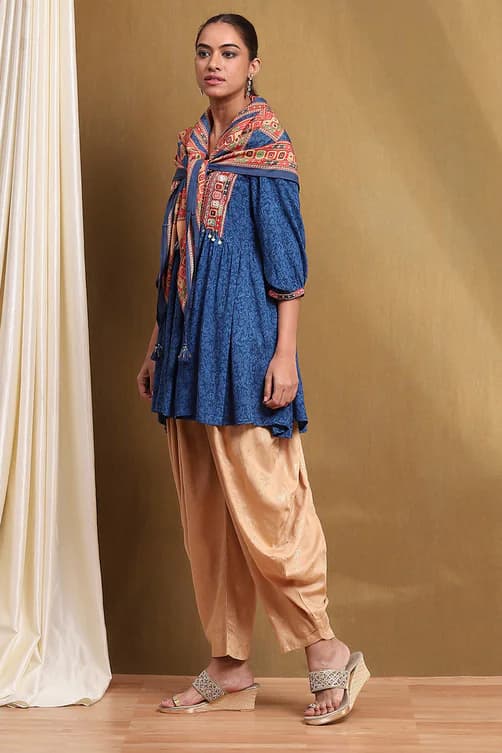 Women's Blue and Beige Embroidered Peplum Kurta Set