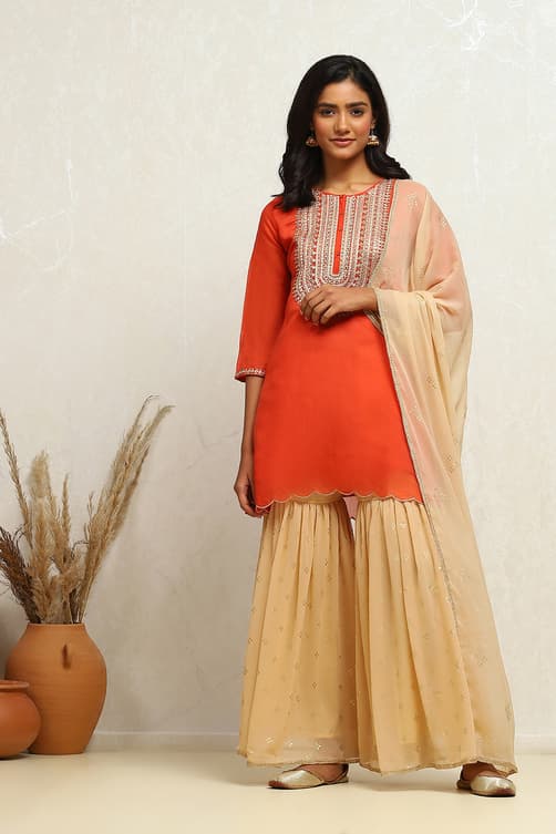 Women's Orange Embroidered Festive Straight Kurta Set