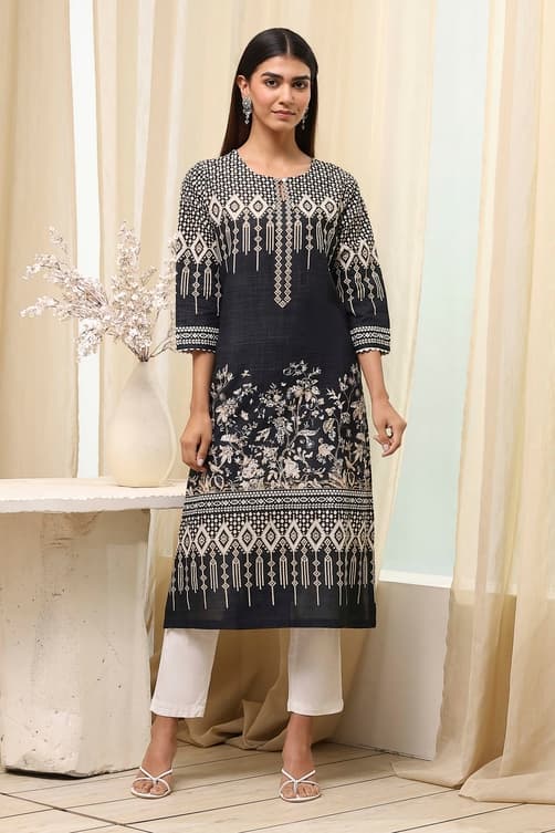 Women's Black Cotton Printed Straight Kurta