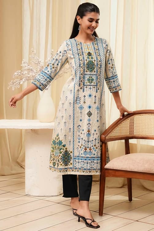 Women's Multicolor and Blue Cotton Straight Kurta