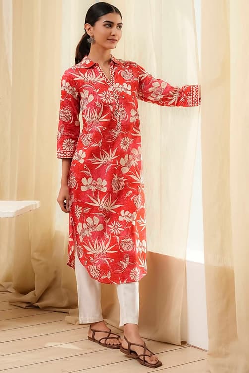 Women's Red Pure Cotton Floral Straight Kurta