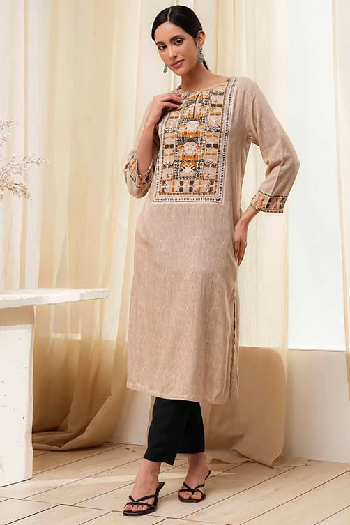 Women's Beige Printed Straight Kurta